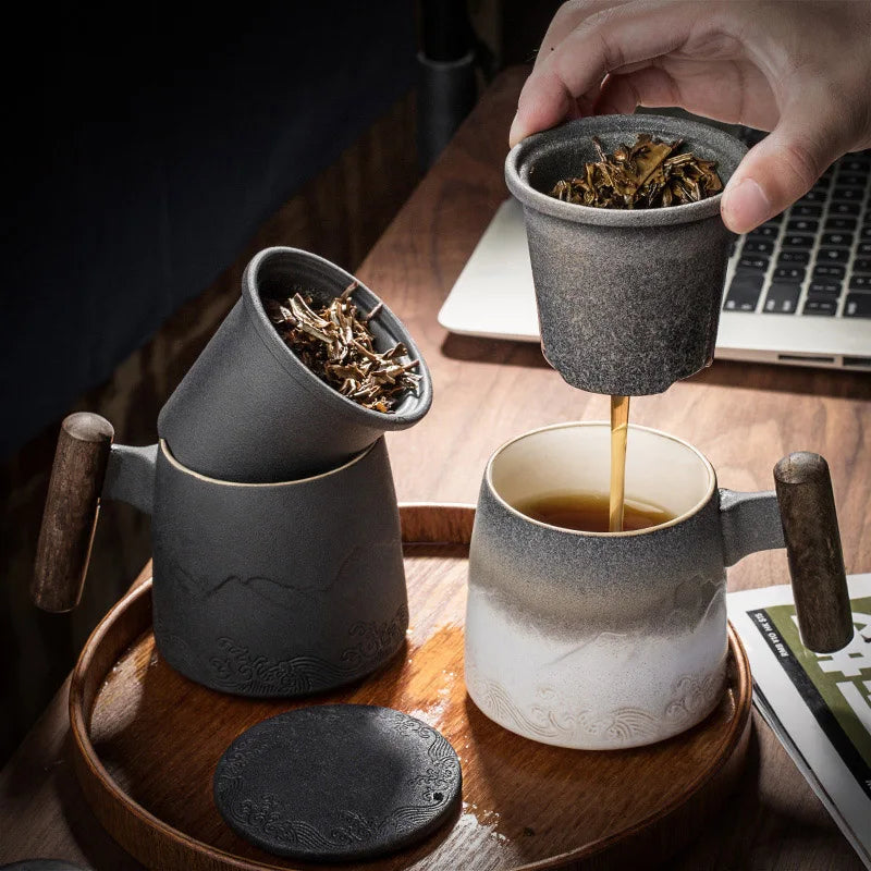 Retro Ceramic Tea Mug — Large 300ml with Lid & Wooden Handle