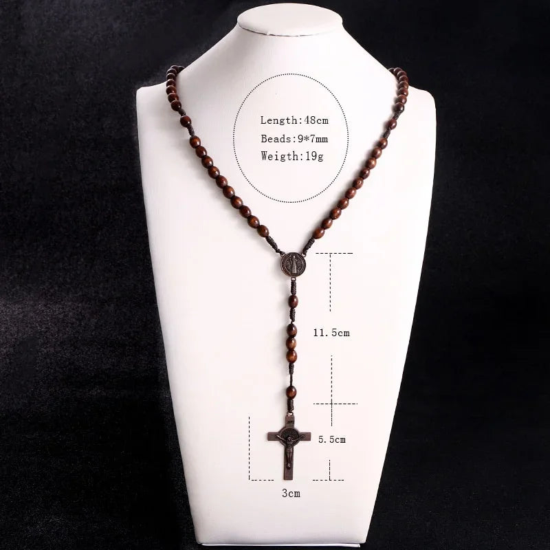 Rosewood Rosary Bead Necklace — Cross Pendant, Handmade Religious Jewelry