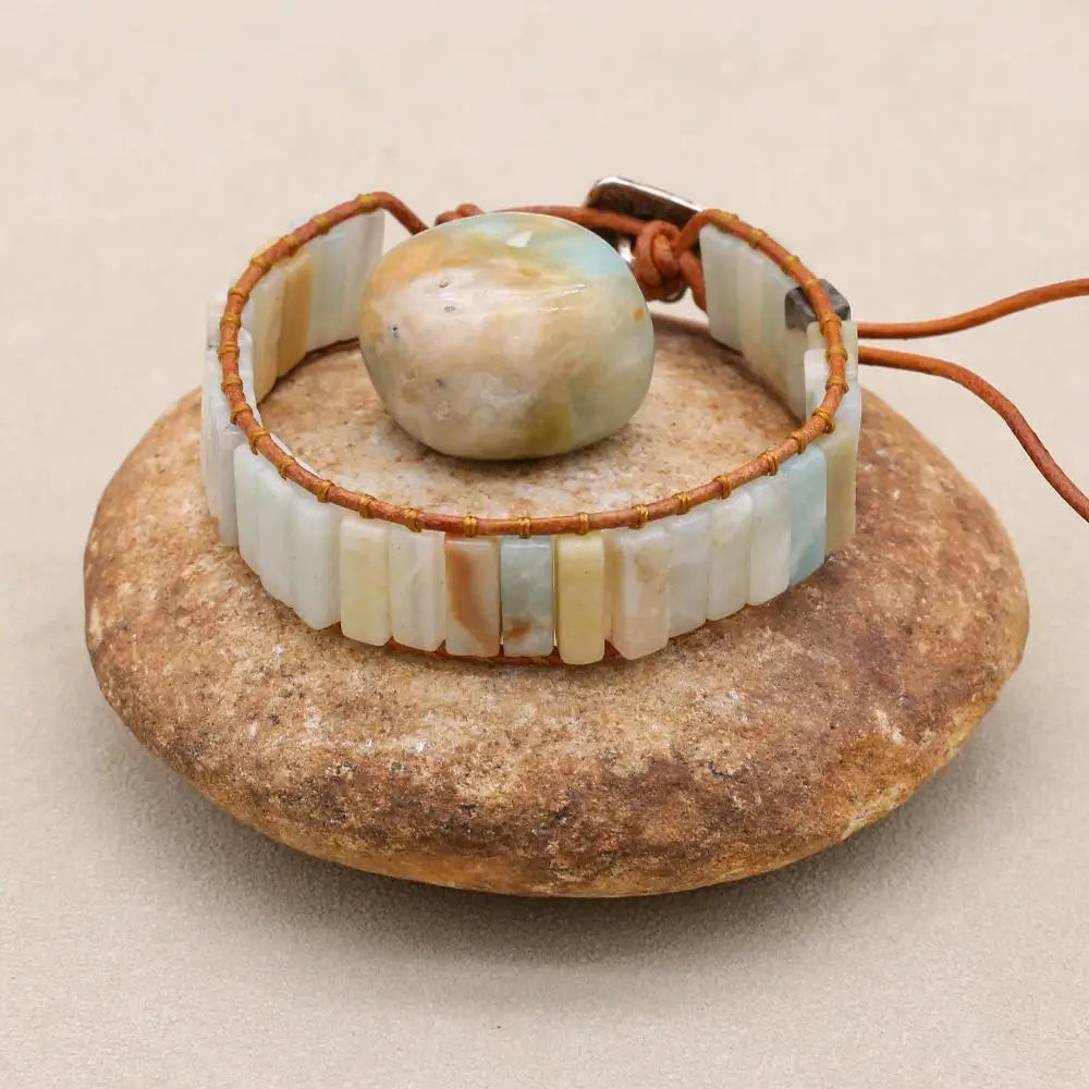 Handmade Boho Leather Wrap Bracelet with Natural Picasso Stone