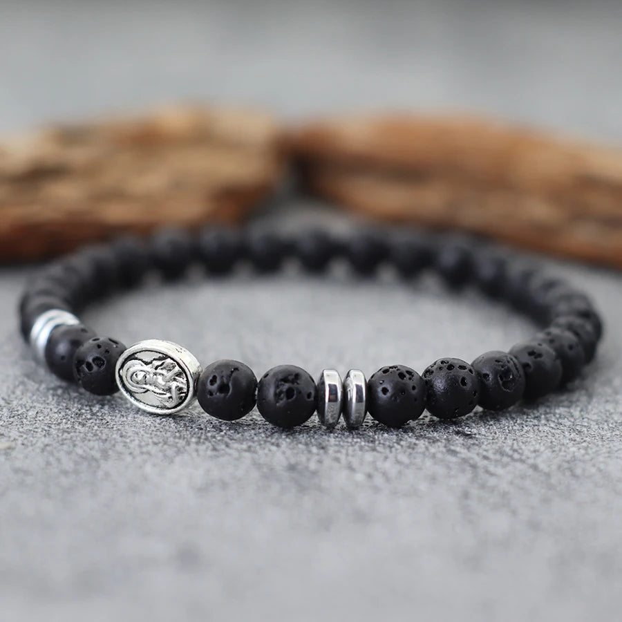 Natural Stone Viking Beaded Bracelet for Men | Lava, Obsidian & Tiger Eye