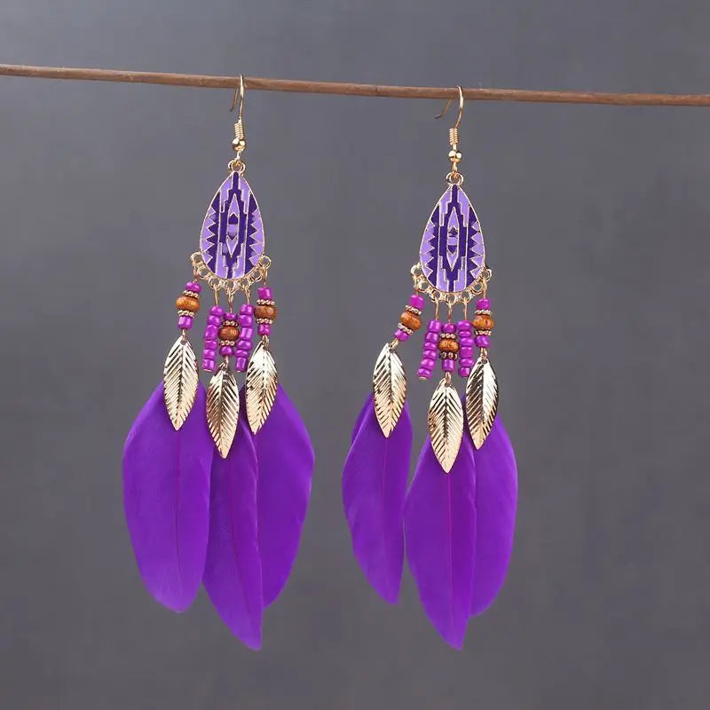 Tinkers Boho Long Feather Dangle Earrings For Women Beach Beads -