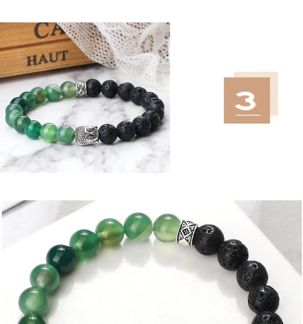 Tibetan Buddha Head Natural Stone Bracelet – 8mm Tiger Eye, Lava & More