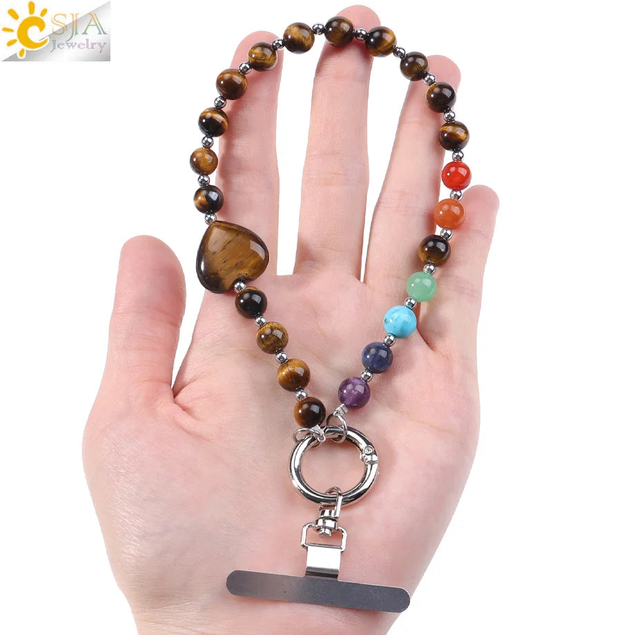 Handcrafted 7 Chakra Natural Stone Phone Chain for Spiritual Balance by Tinkers