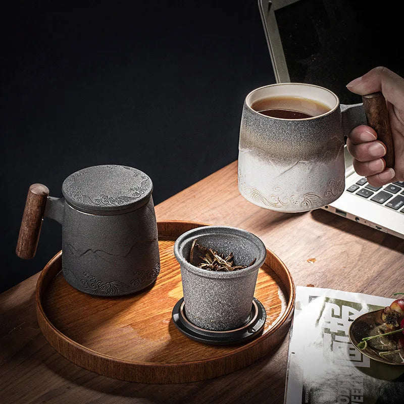 Retro Ceramic Tea Mug — Large 300ml with Lid & Wooden Handle