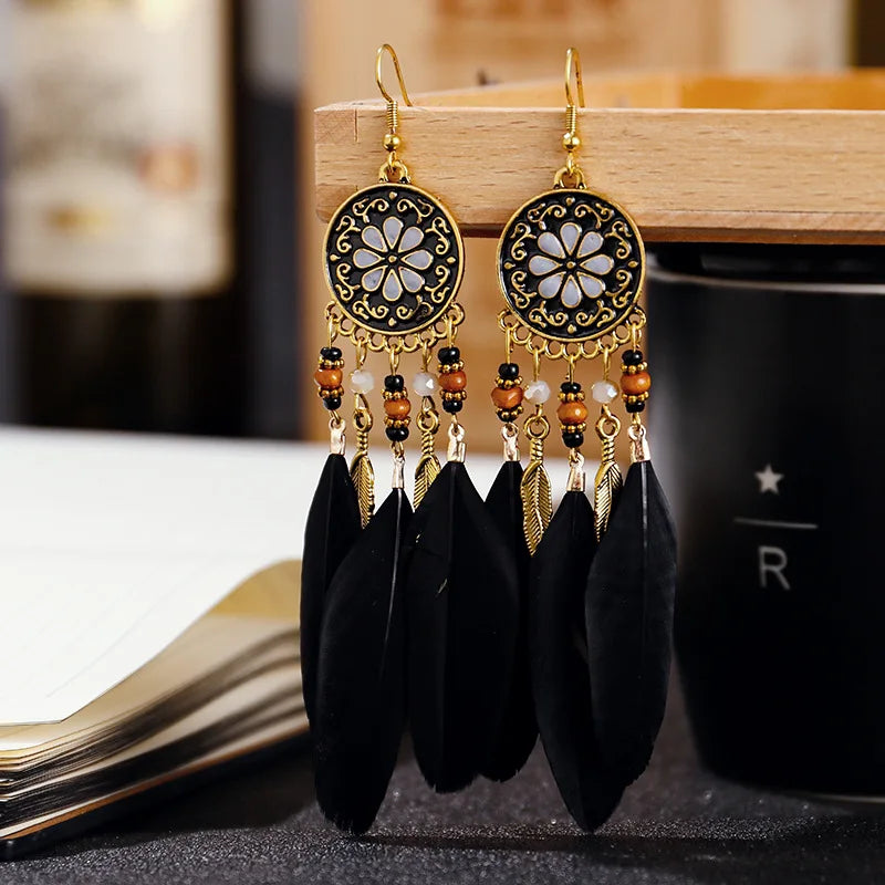 Tinkers Boho Long Feather Dangle Earrings For Women Beach Beads -