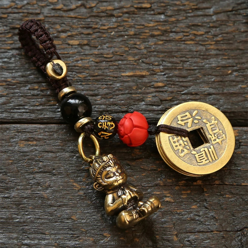 Tinkers Vintage Brass Monkey Keychain Handmade Braided Rope Amulet -