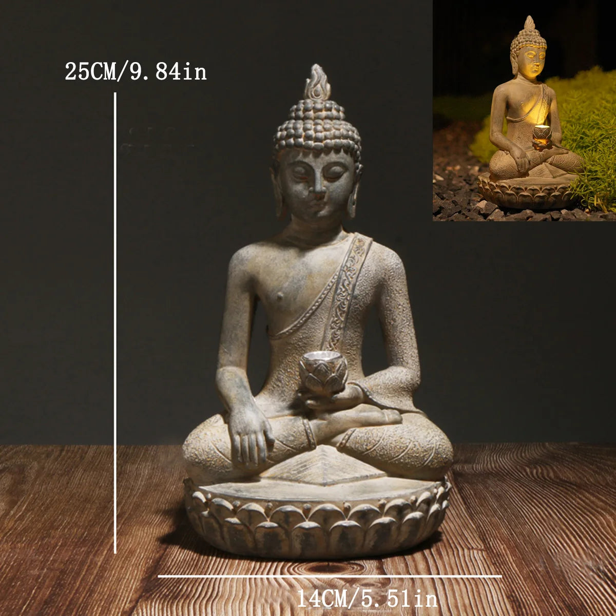 Zen Inspired Solar Buddha Statue With Light Resin Decor