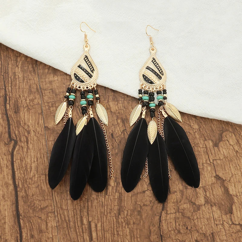 Tinkers Boho Long Feather Dangle Earrings For Women Beach Beads -