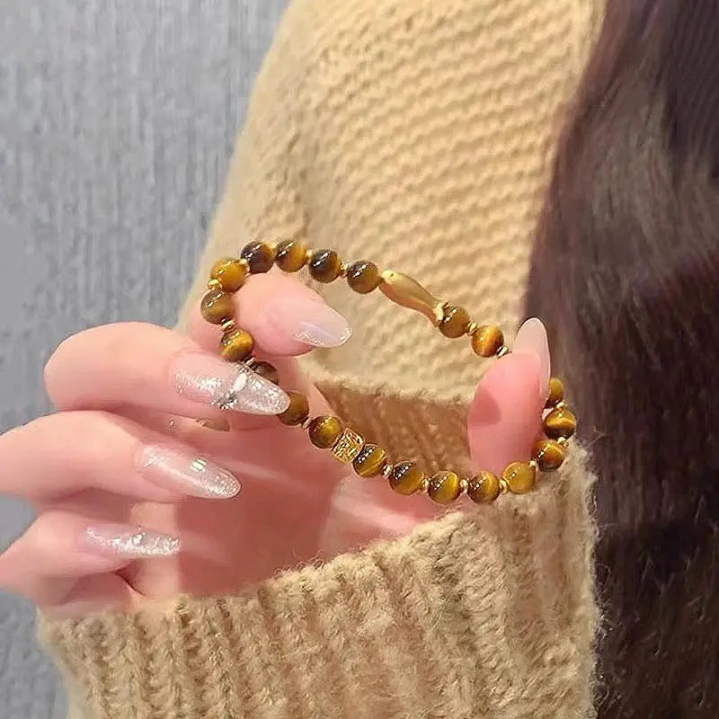 Tiger Eye Stone Cuff Bracelet — Gradient Zircon Charm Jewelry for Women