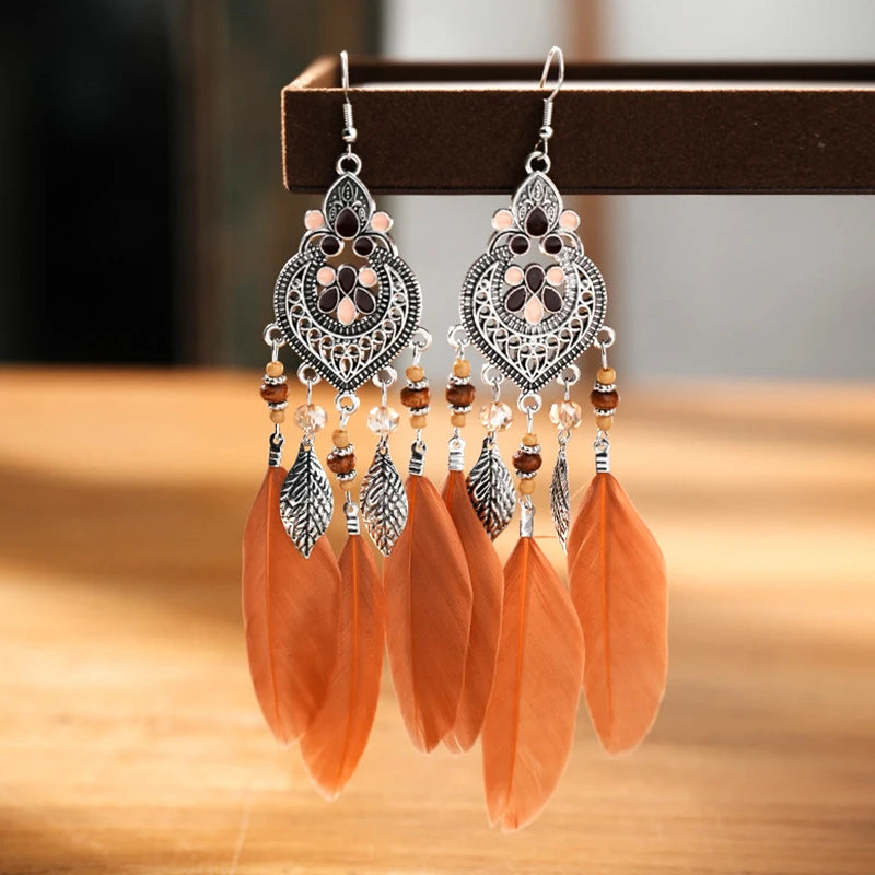 Tinkers Bohemian Brown Feather Earrings For Women Handmade Jewelry -