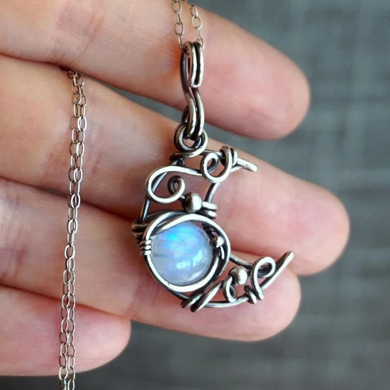 Moonstone Crescent Necklace Vintage Boho Jewelry For Women