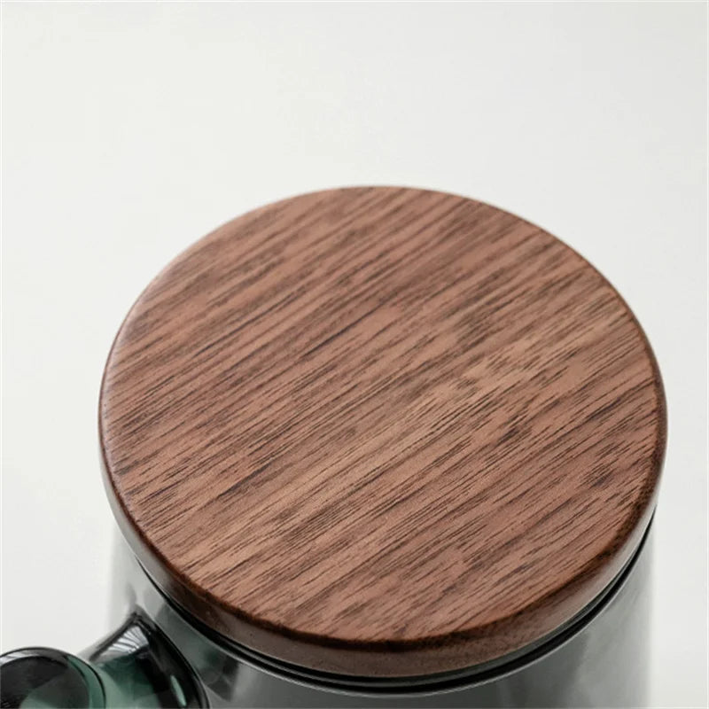 Glass Tea Cup with Walnut Wooden Handle, Lid & Filter — 400ml