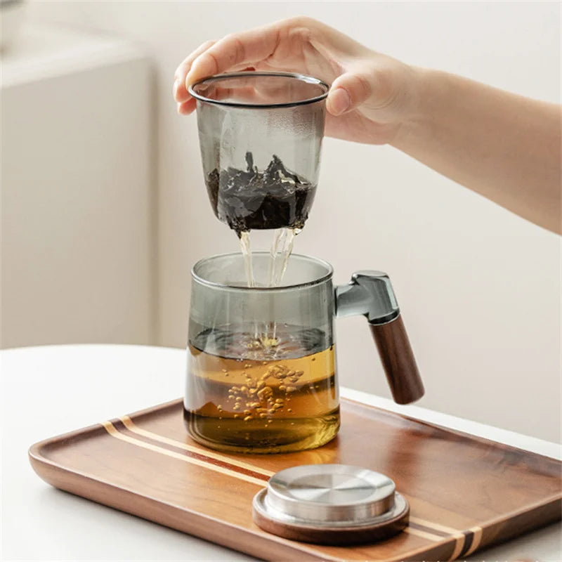 Glass Tea Cup with Walnut Wooden Handle, Lid & Filter — 400ml