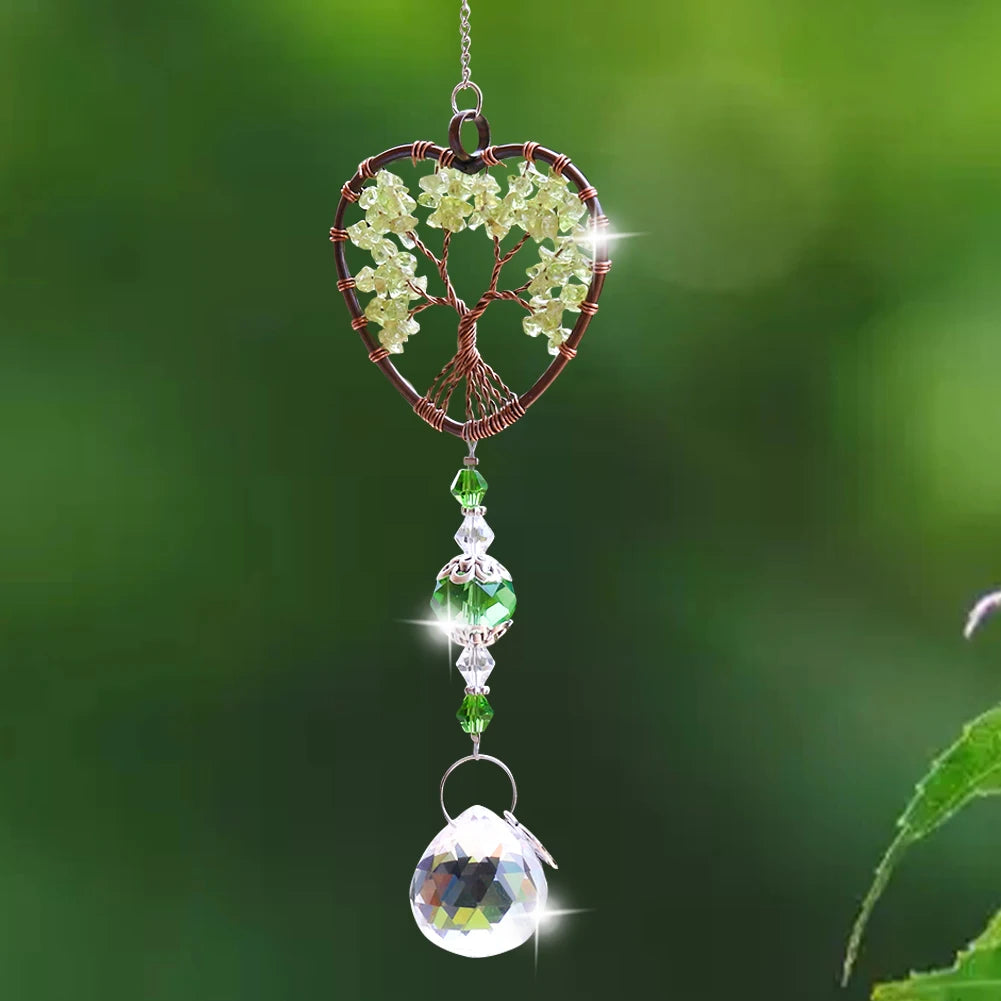Green Quartz Heart Tree of Life Suncatcher – Healing Crystal Car & Window Charm