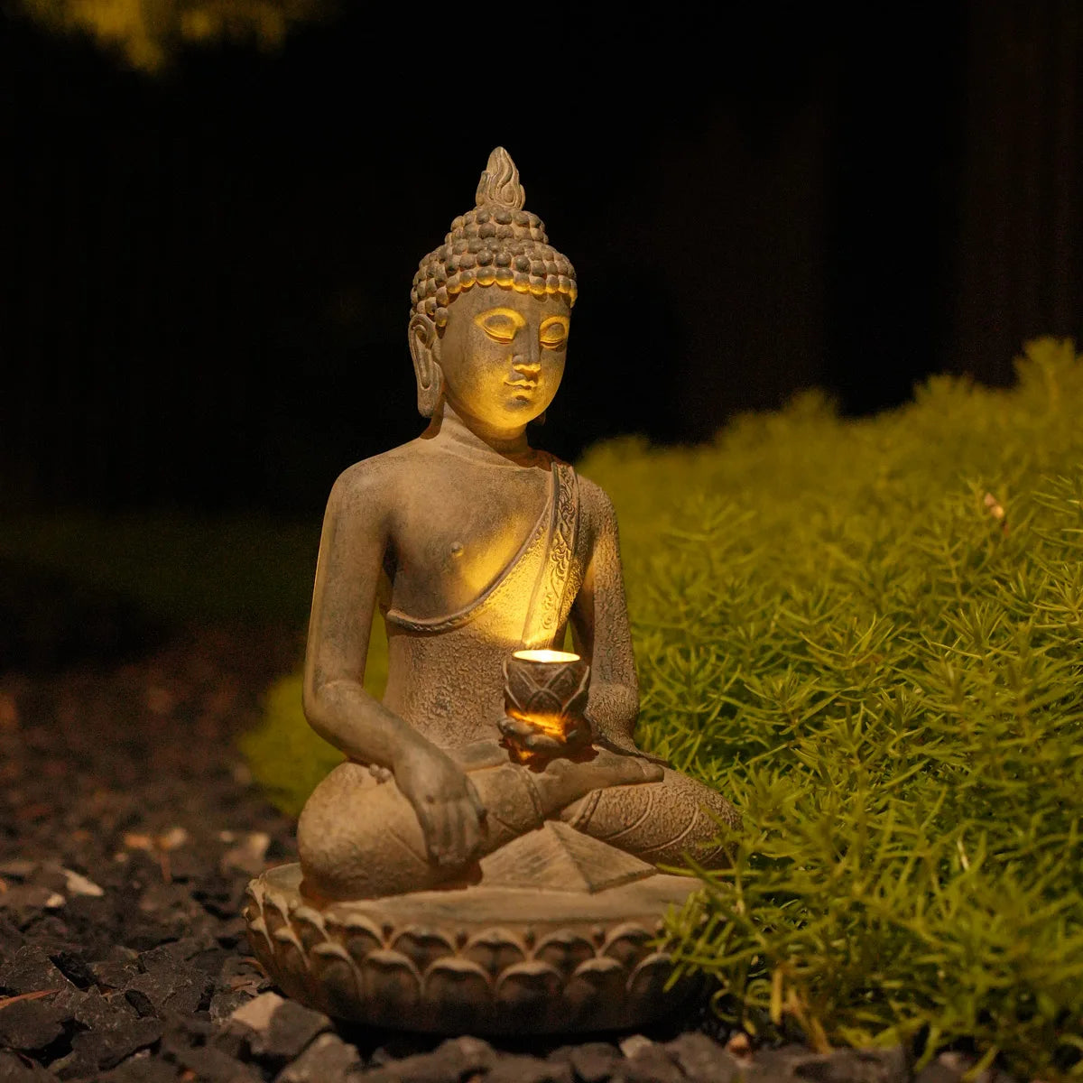 Zen Inspired Solar Buddha Statue With Light Resin Decor