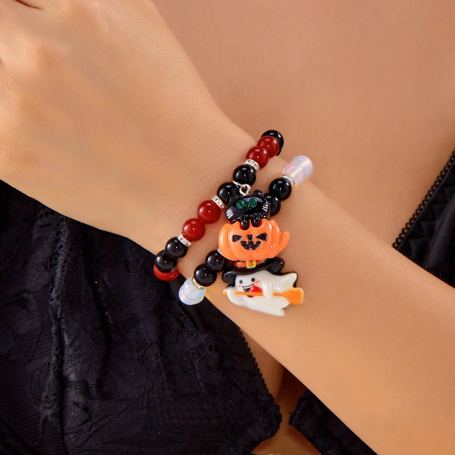 Halloween Ghost Pumpkin Cat Pendant Crystal Bracelet Energy