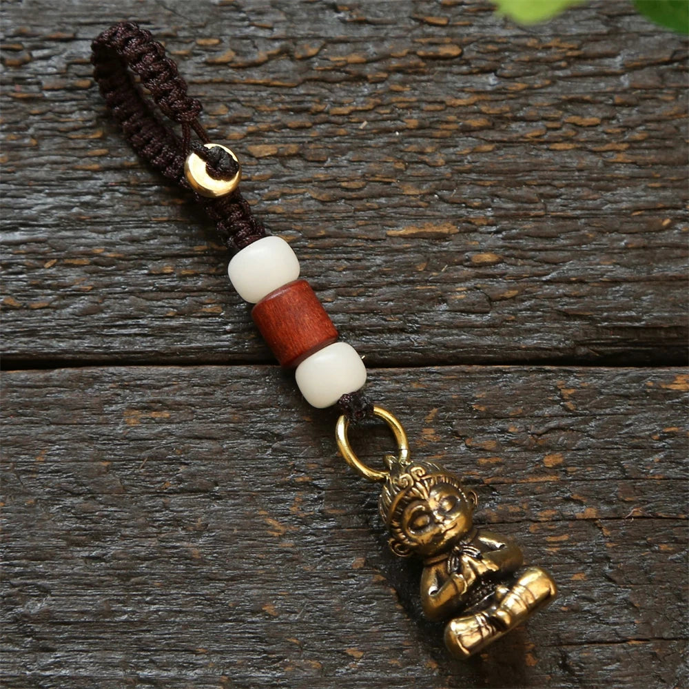 Tinkers Vintage Brass Monkey Keychain Handmade Braided Rope Amulet -