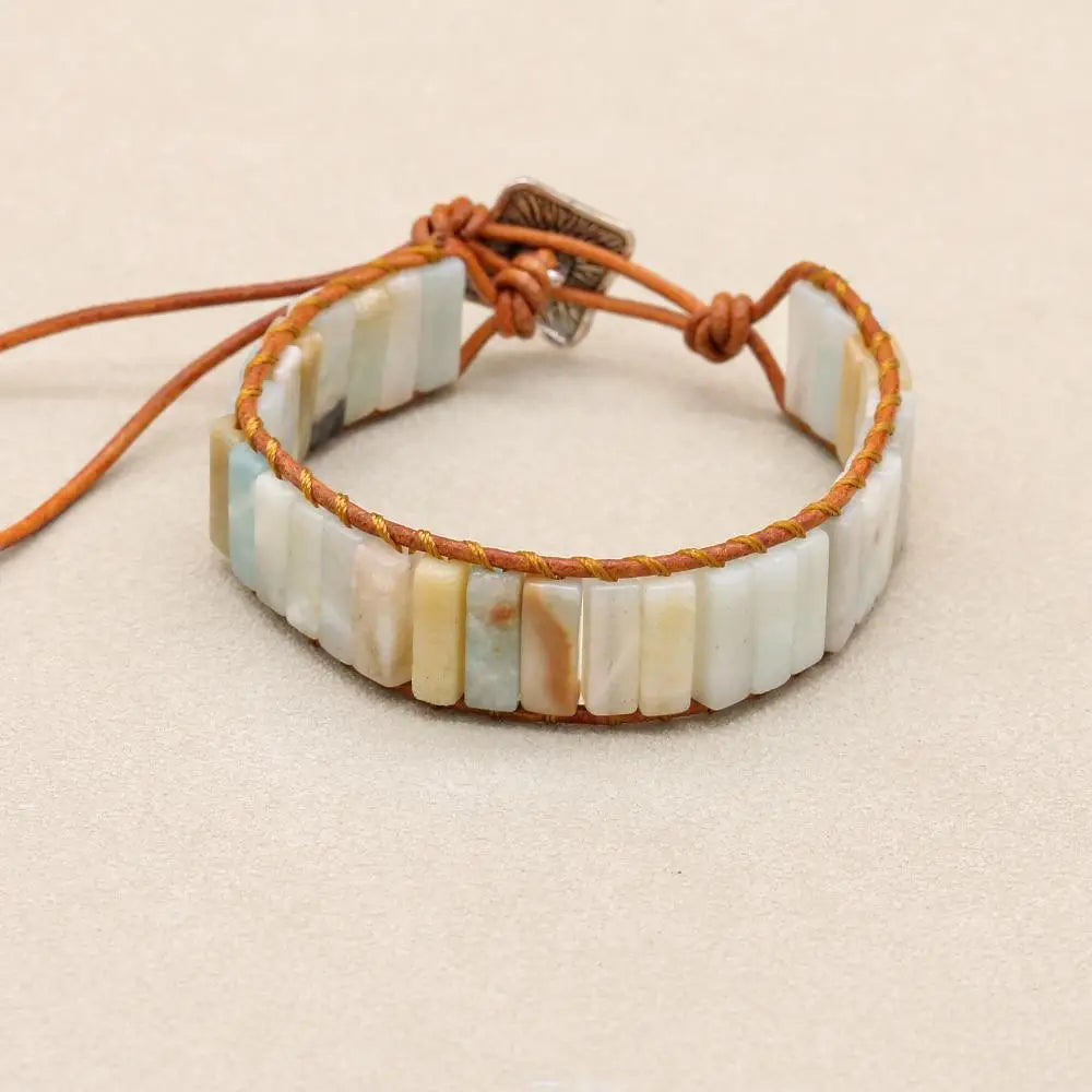 Handmade Boho Leather Wrap Bracelet with Natural Picasso Stone