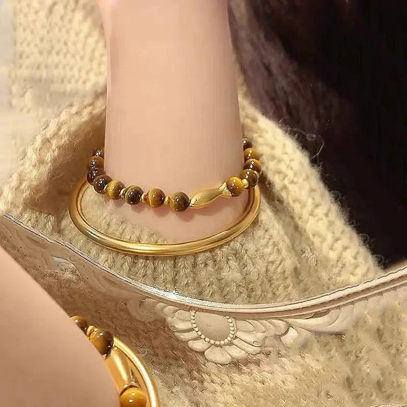 Tiger Eye Stone Cuff Bracelet — Gradient Zircon Charm Jewelry for Women