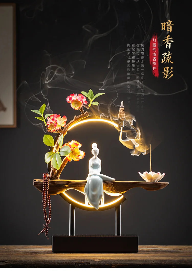 Tinkers Chinese Style Backflow Incense Burner LED USB Ceramic Lotus -