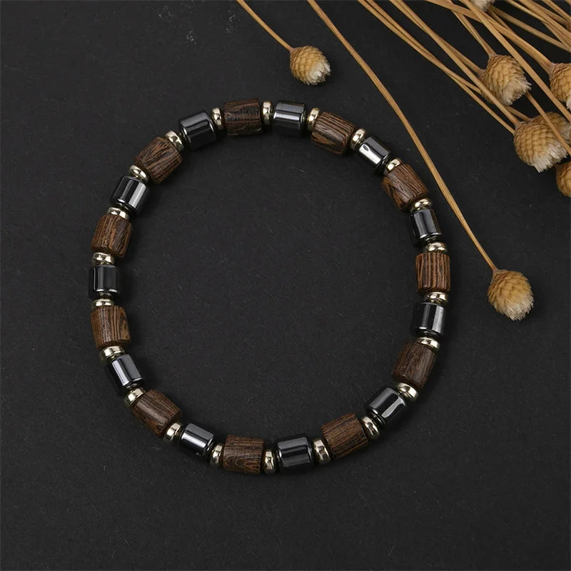 Women's Black Hematite & Wood Bead Bracelet | Handmade Elastic Stretch | Health Jewelry