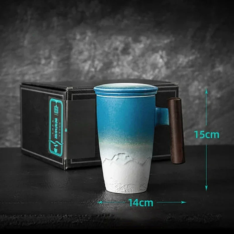 Retro Ceramic Tea Mug — Large 300ml with Lid & Wooden Handle