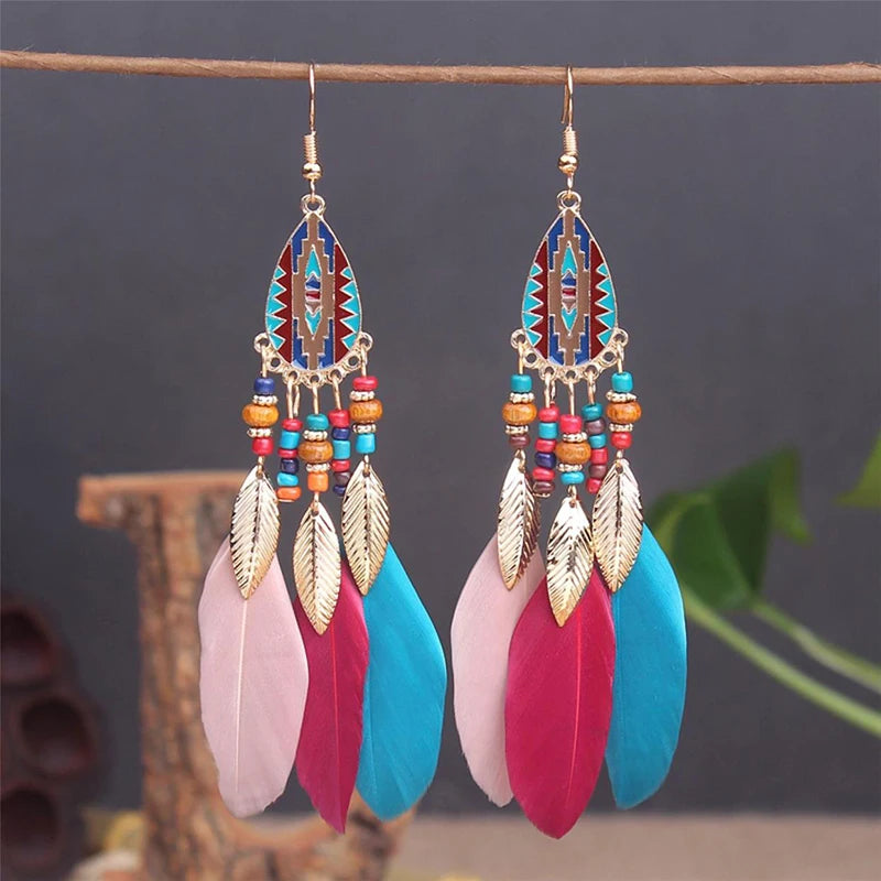 Tinkers Boho Long Feather Dangle Earrings For Women Beach Beads -