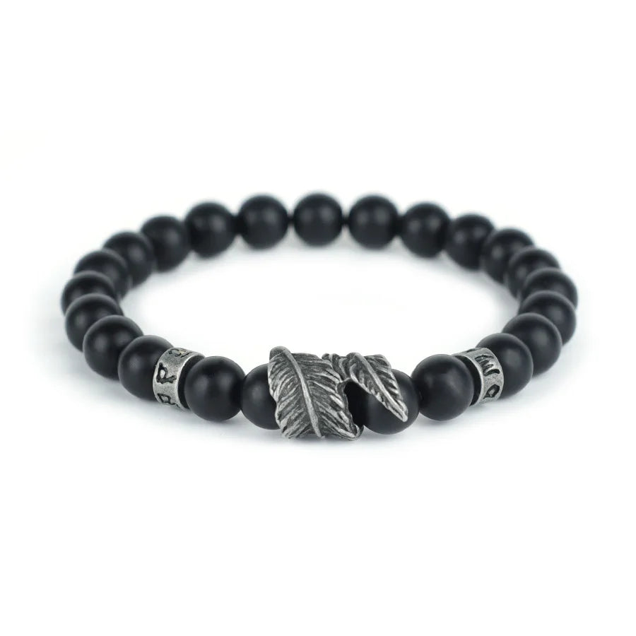 Men's Natural Stone Bracelet | Feather & Sanskrit Mantra | Lava, Onyx & Turquoise