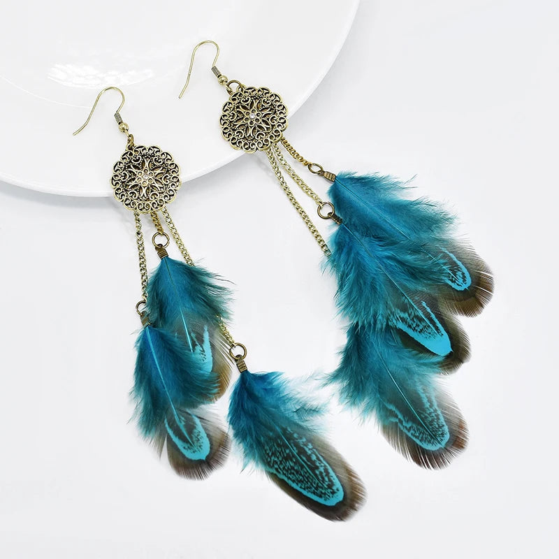 Tinkers Bohemian Feather Earrings For Women Vintage Ethnic Chain -