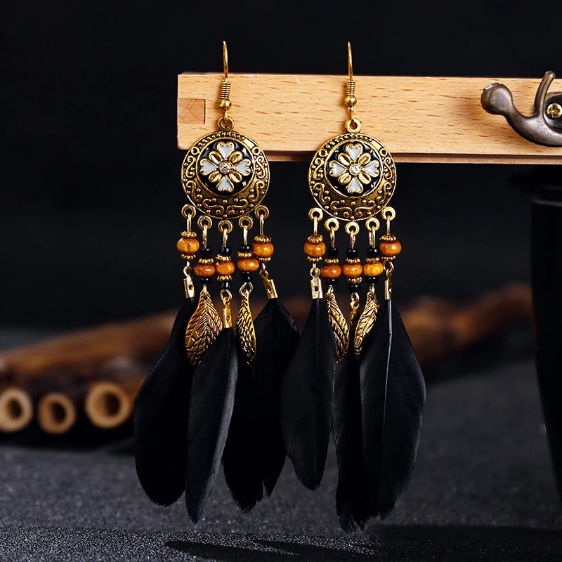 Tinkers Bohemian Feather Tassel Earrings For Women Long Carved Leaf - Apparel & Accessories > Jewelry > Earrings