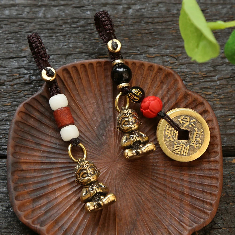 Tinkers Vintage Brass Monkey Keychain Handmade Braided Rope Amulet -