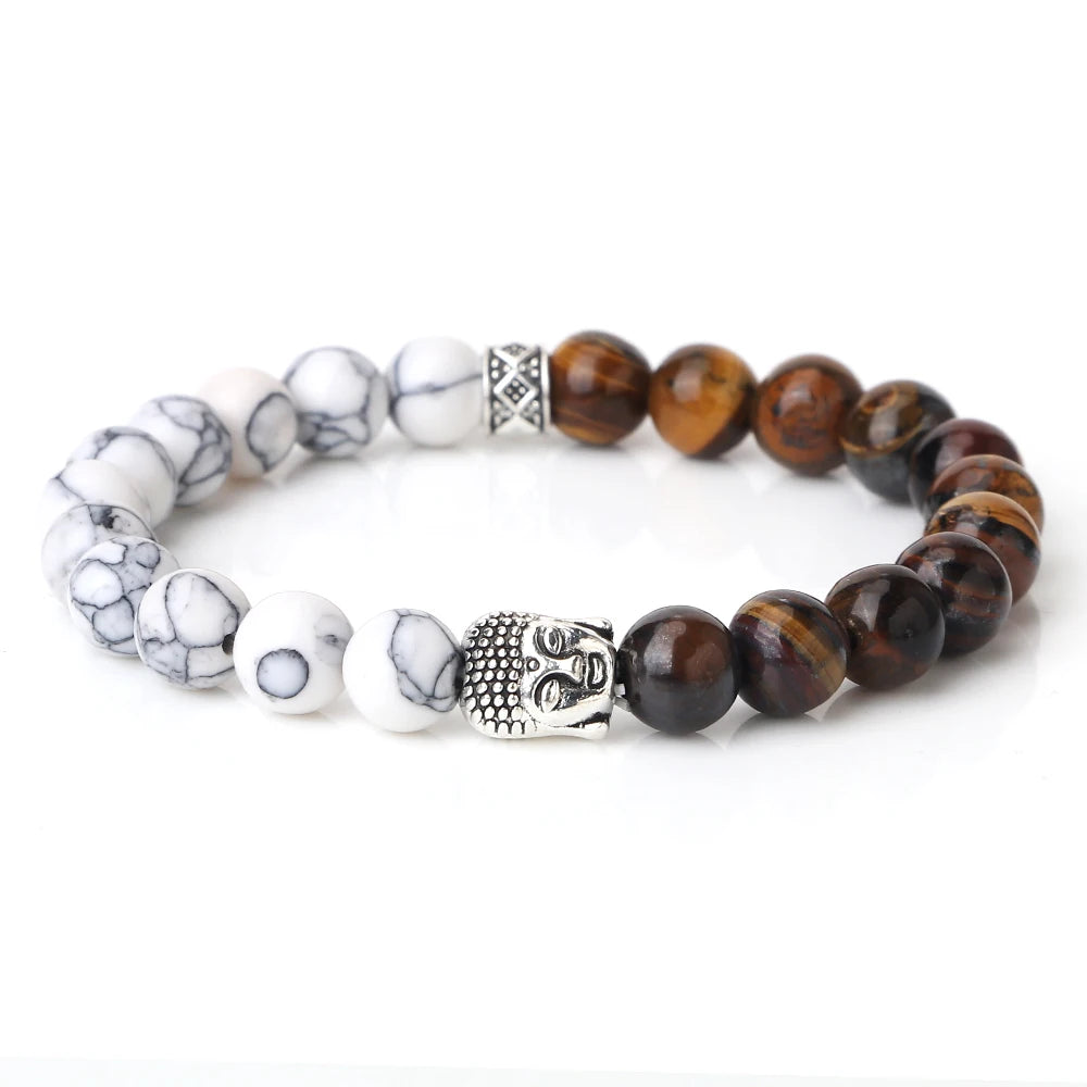 Tibetan Buddha Head Natural Stone Bracelet – 8mm Tiger Eye, Lava & More