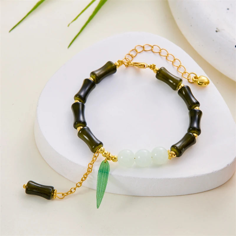 Tinkers Elegant Green Bamboo Beaded Bracelet Flower Pendant - Uncategorized