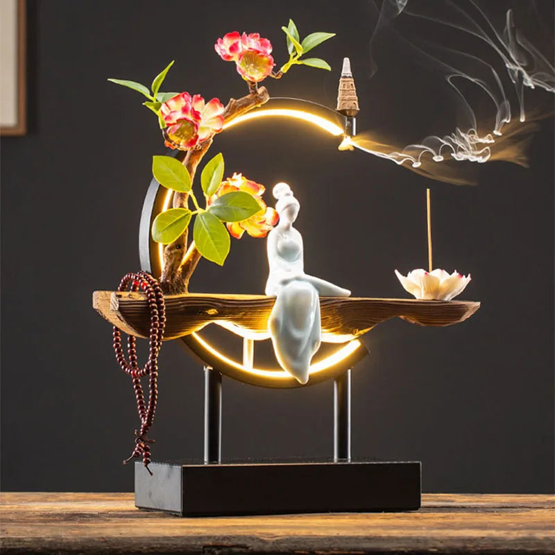 Tinkers Chinese Style Backflow Incense Burner LED USB Ceramic Lotus -