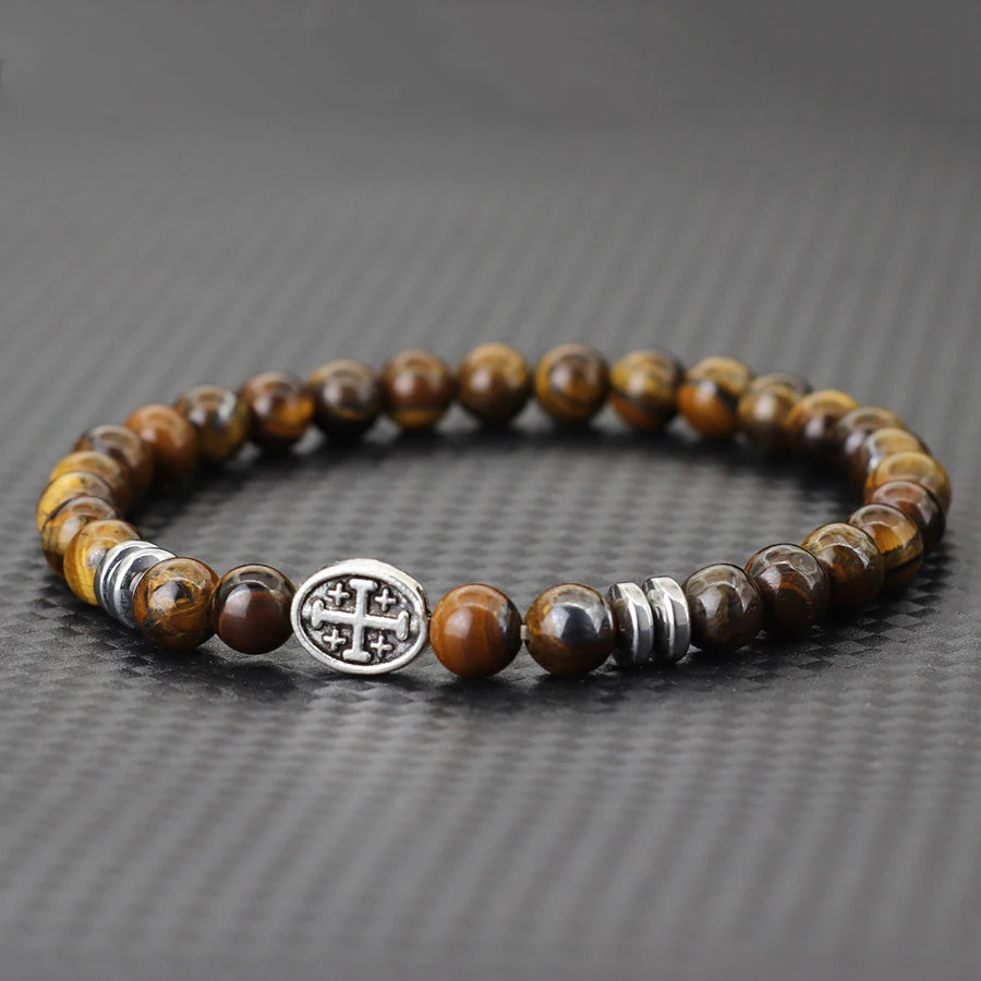 Natural Stone Viking Beaded Bracelet for Men | Lava, Obsidian & Tiger Eye