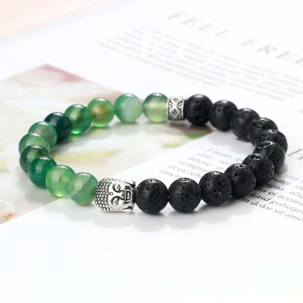Tibetan Buddha Head Natural Stone Bracelet – 8mm Tiger Eye, Lava & More
