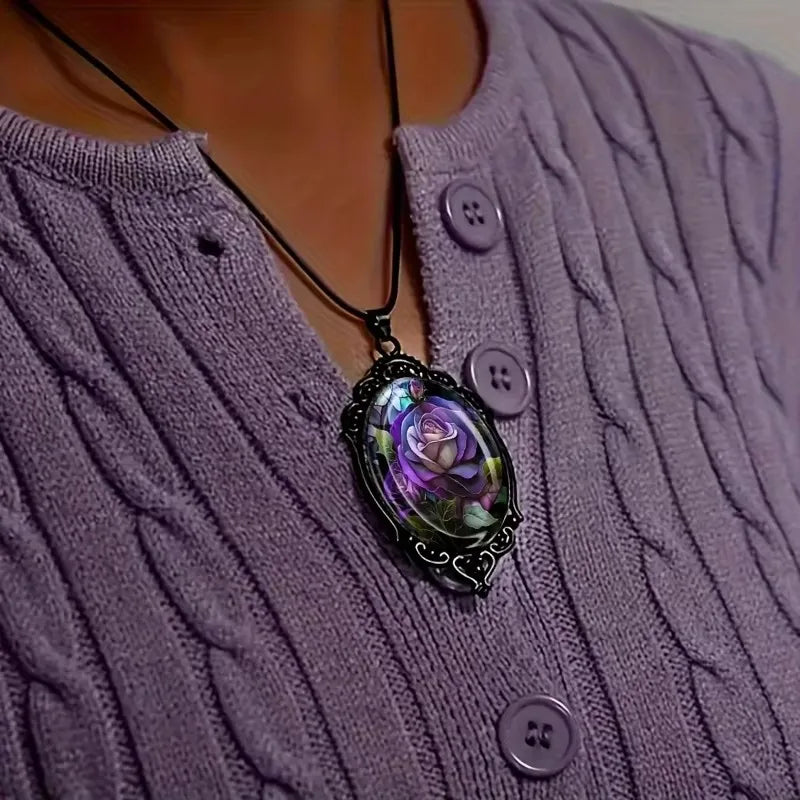 Tinkers Chic Black Floral Pendant Necklace Glass Frame Gift - Uncategorized