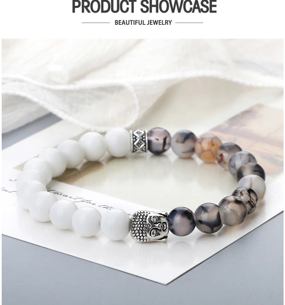 Tibetan Buddha Head Natural Stone Bracelet – 8mm Tiger Eye, Lava & More