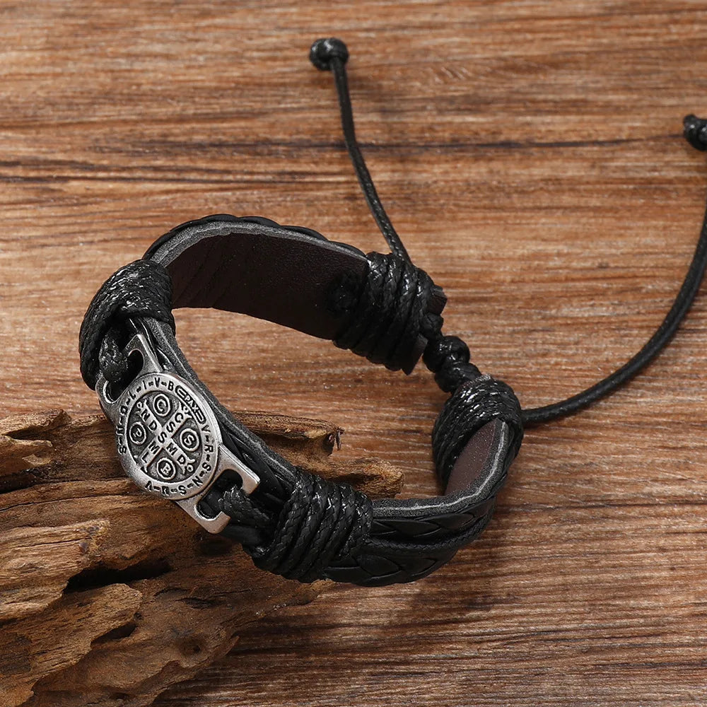 Men's Vintage Braided Leather Bracelet | Cross & Scripture | Punk Retro Lace-Up