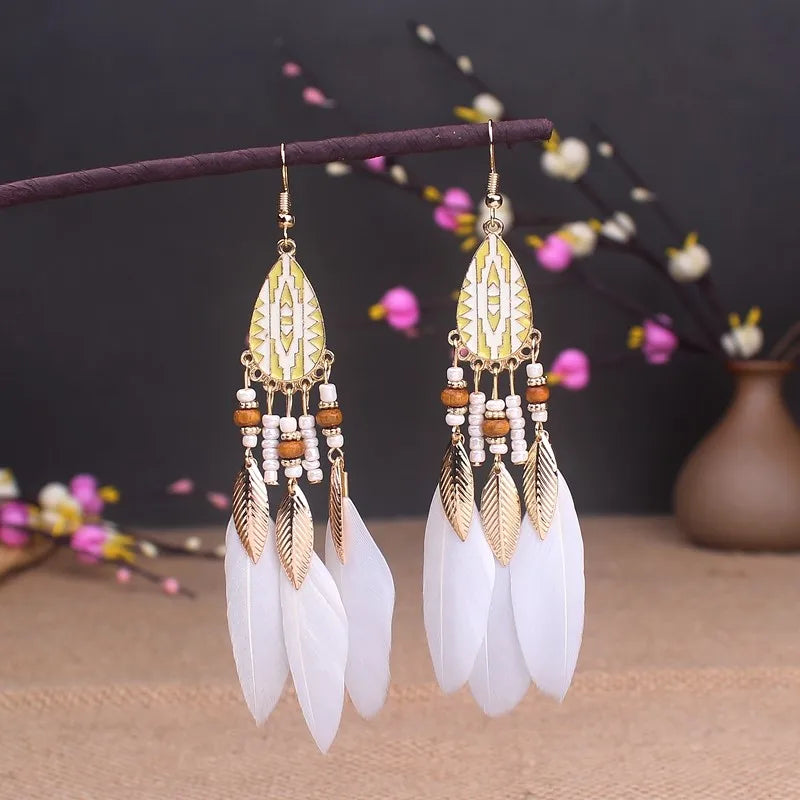 Tinkers Boho Long Feather Dangle Earrings For Women Beach Beads -