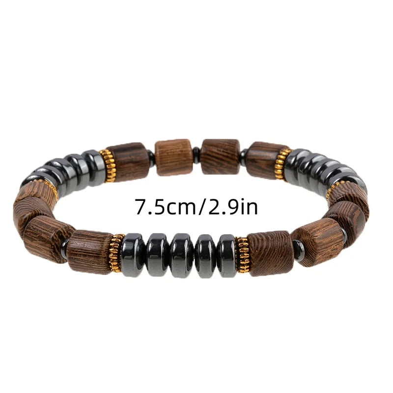 Women's Black Hematite & Wood Bead Bracelet | Handmade Elastic Stretch | Health Jewelry
