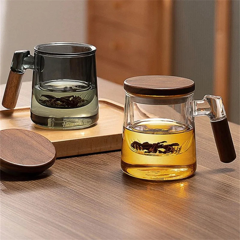 Glass Tea Cup with Walnut Wooden Handle, Lid & Filter — 400ml