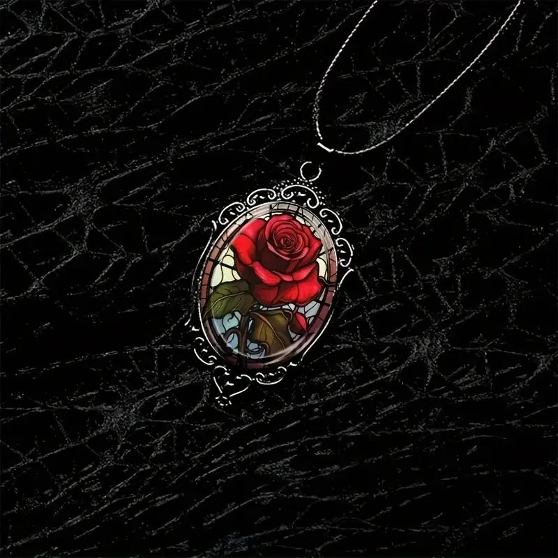 Tinkers Chic Black Floral Pendant Necklace Glass Frame Gift - Uncategorized