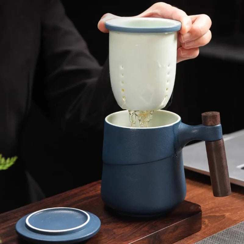 Black Ceramic Cup Wooden Handle Filter Tea Cup Ceramic Mug Creative Office Retro Water Cups and Mugs China Set Birthday Gift Box