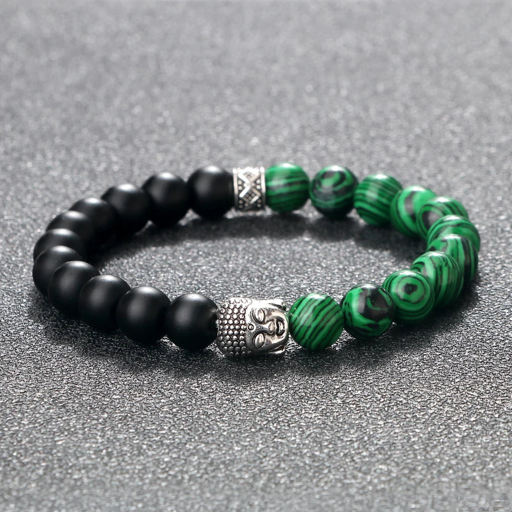 Tibetan Buddha Head Natural Stone Bracelet – 8mm Tiger Eye, Lava & More