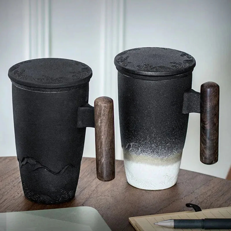 Retro Ceramic Tea Mug — Large 300ml with Lid & Wooden Handle