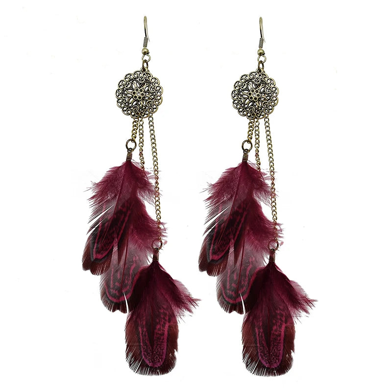 Tinkers Bohemian Feather Earrings For Women Vintage Ethnic Chain -
