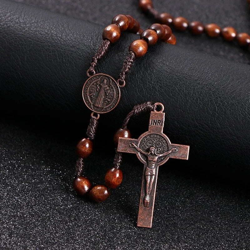 Rosewood Rosary Bead Necklace — Cross Pendant, Handmade Religious Jewelry