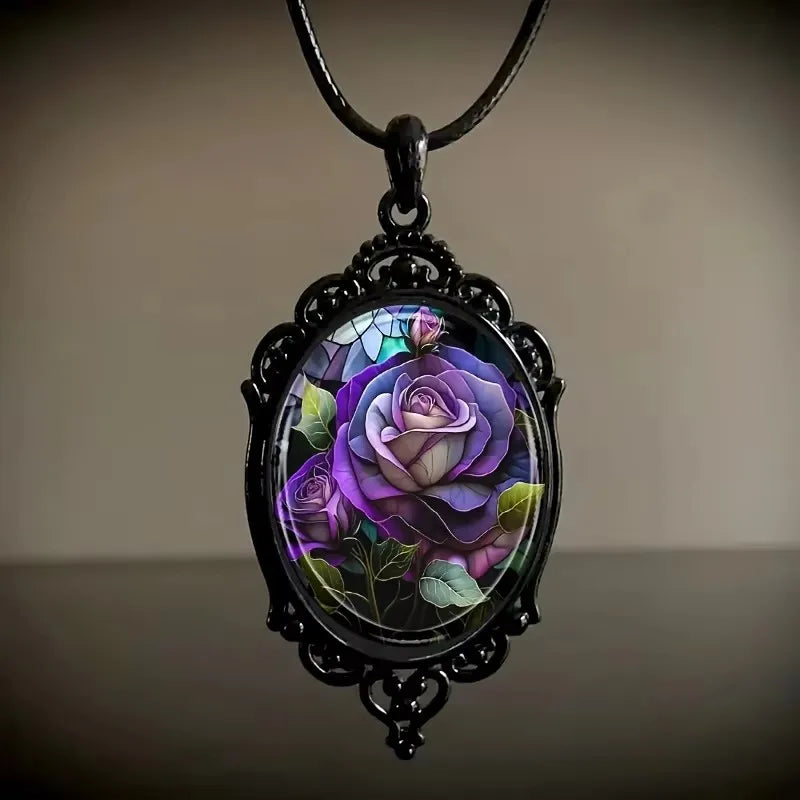 Tinkers Chic Black Floral Pendant Necklace Glass Frame Gift - Uncategorized