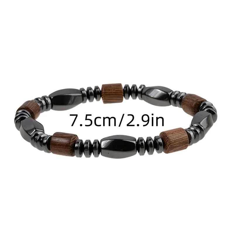 Women's Black Hematite & Wood Bead Bracelet | Handmade Elastic Stretch | Health Jewelry